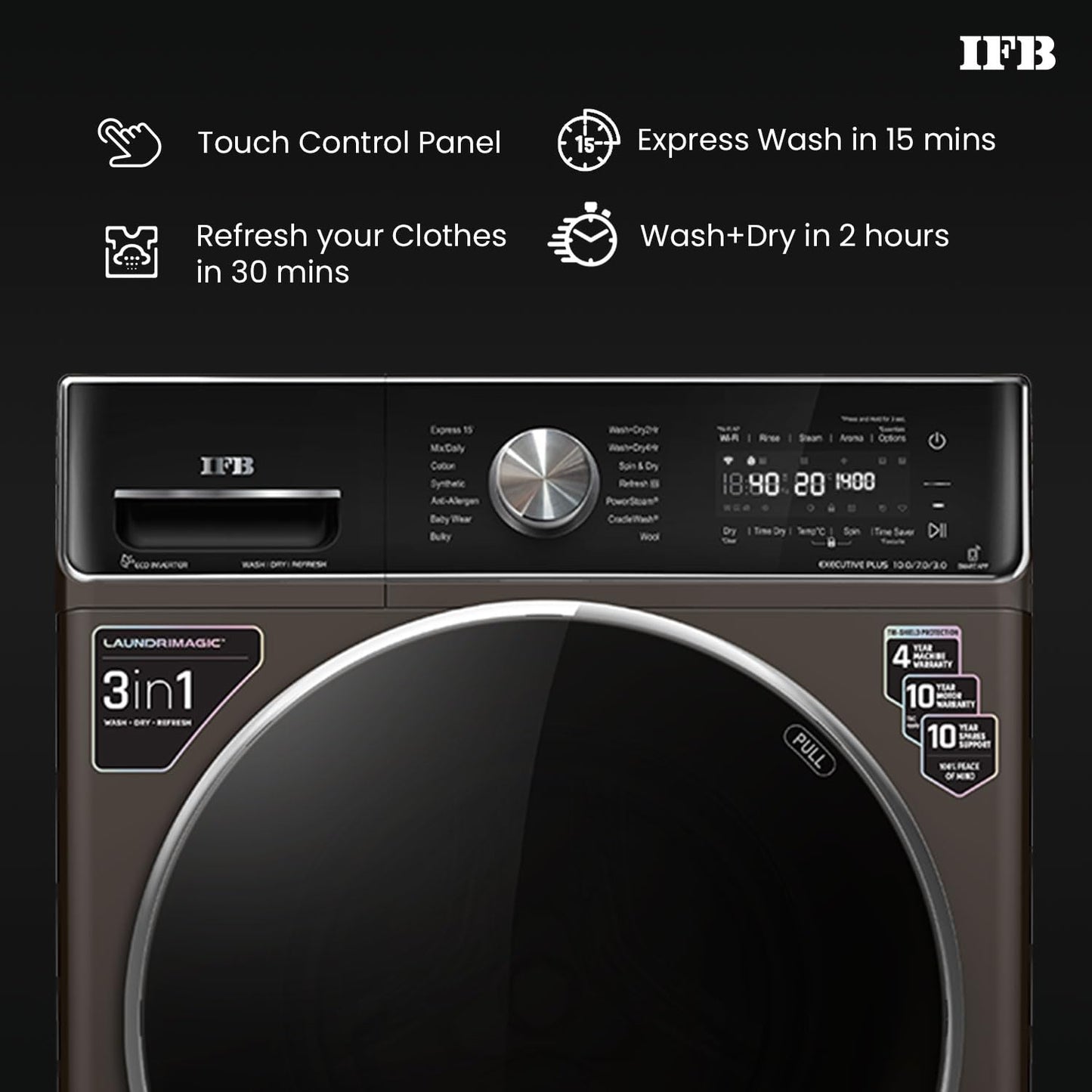 IFB 10 Kg/7 Kg/3 Kg 3-in-1, AI Powered, Fully Automatic Washer Dryer Refresher (IFB Laundrimagic®, EXECUTIVE PLUS ZXM, 9 Swirl Wash, Eco Inverter Technology, Mocha)