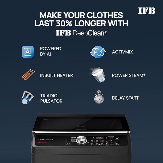 IFB 9 Kg 5 Star with DeepClean® Technology, AI Powered, Fully Automatic Top Load Washing Machine (TL900NB2S, PowerSteam®, Inbuilt Heater, Aqua Energie, Noir Black)