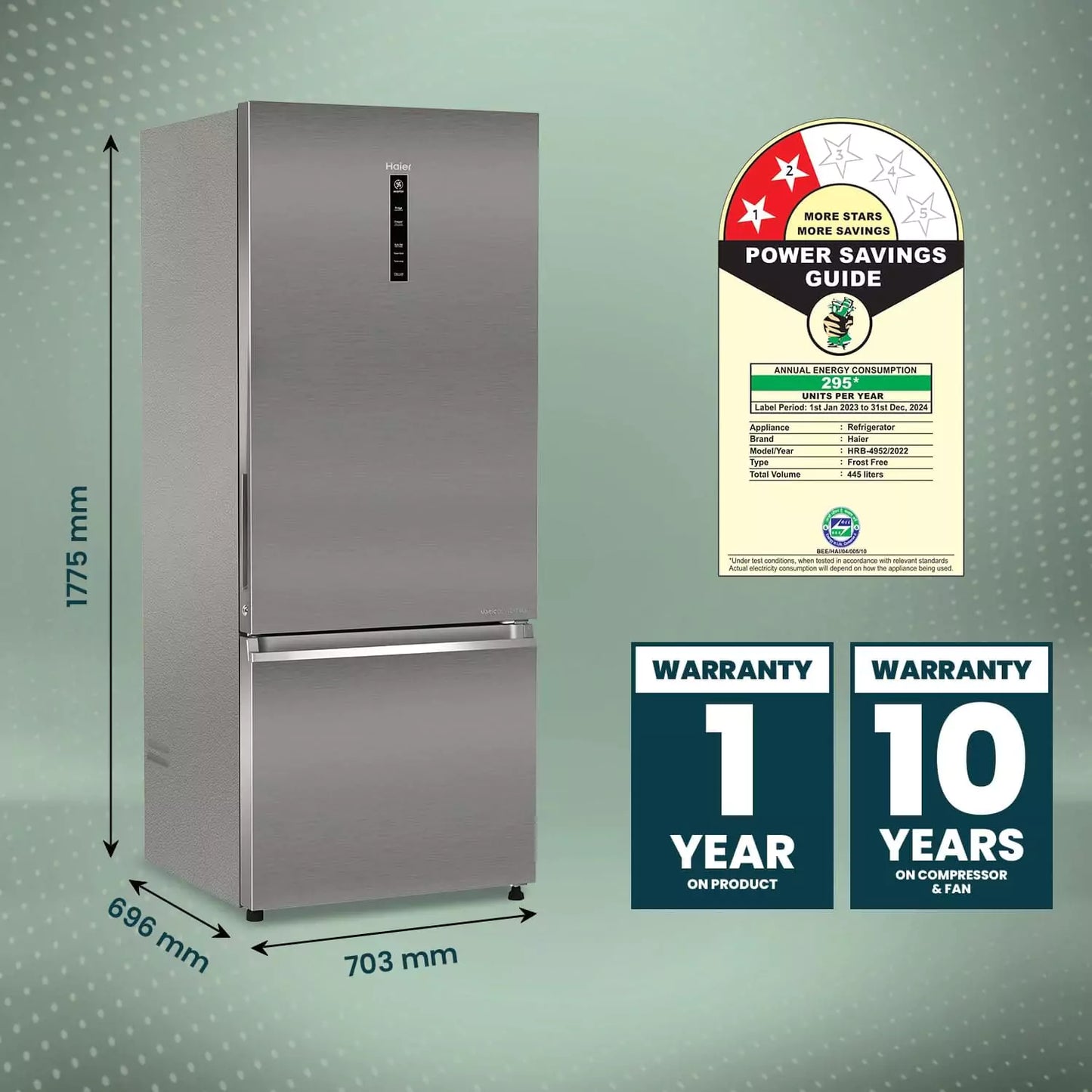Haier 445 L, 2 Star, Triple Inverter Double Door Refrigerator with 1 year warranty
