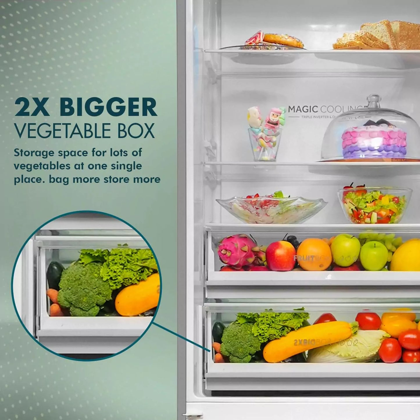 Haier 445 L, 2 Star, Triple Inverter Double Door Refrigerator with lots of vegetables at one single place .