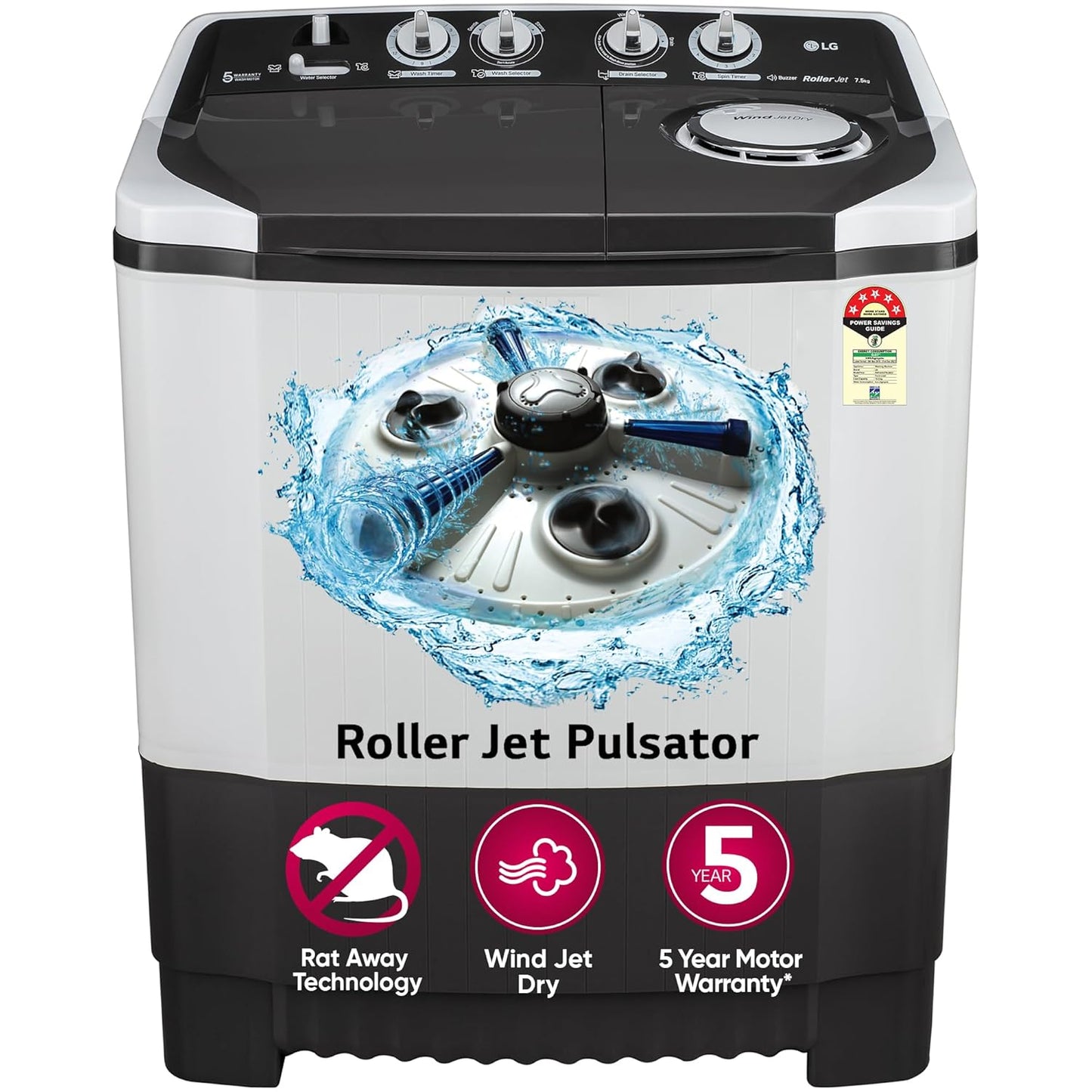 LG 7.5Kg Semi Automatic Top Load Washing Machine, Roller Jet Pulsator, Dark Grey