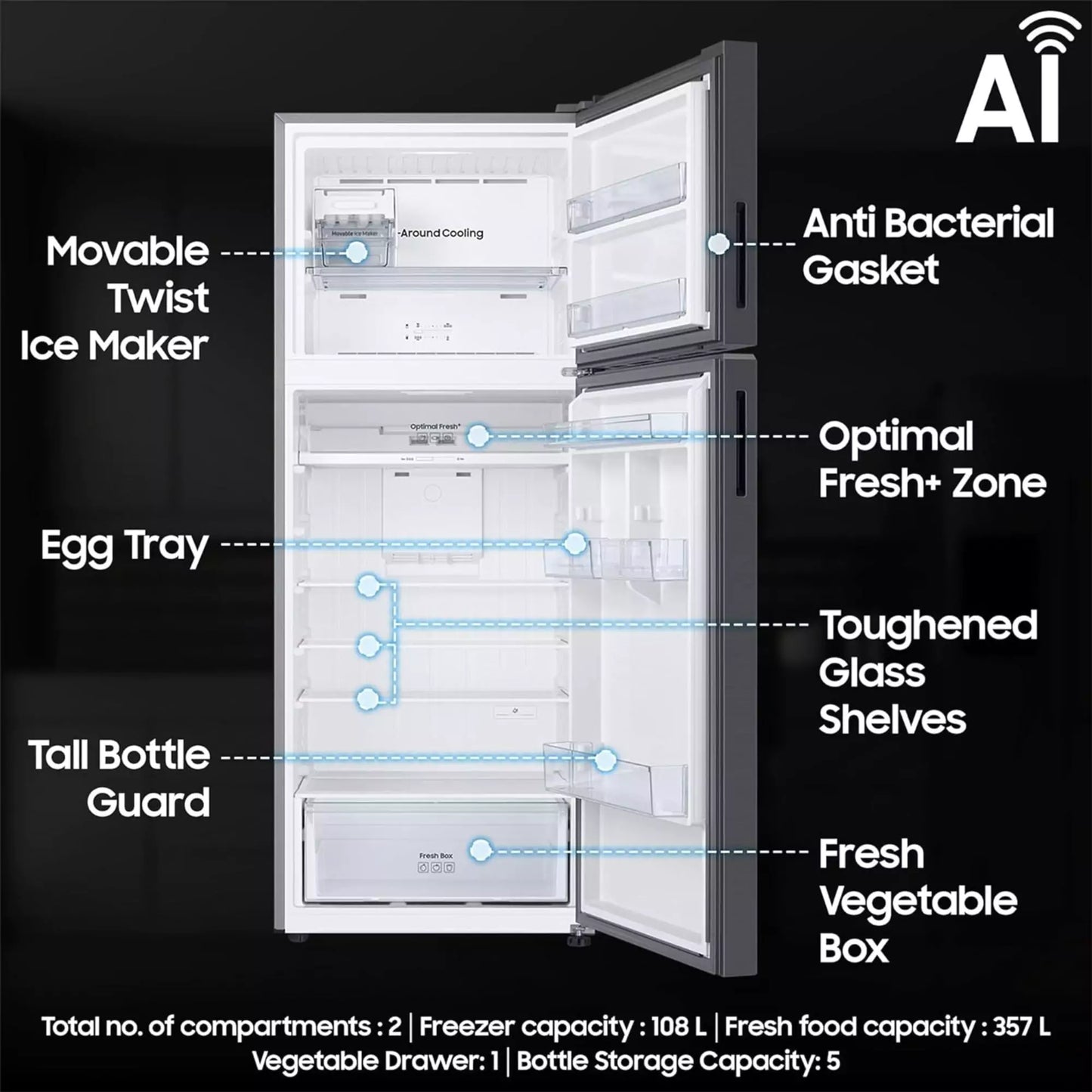 Samsung 465 L, 1 Star Frost Free Double Door Refrigerator Capacity - 465 litres