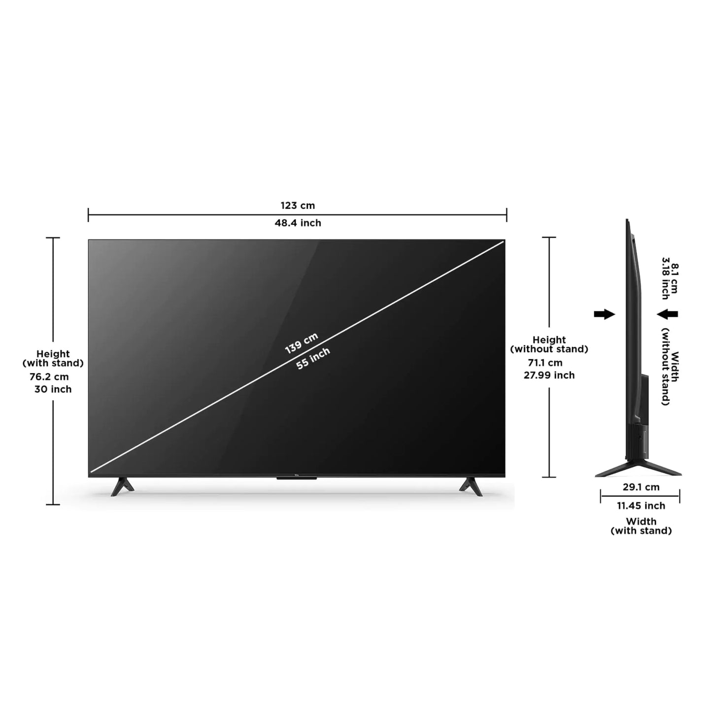 TCL 138.7 cm (55 inches) Product Dimensions - 8.1 x 122.6 x 75.6 cm; 10.2 kg