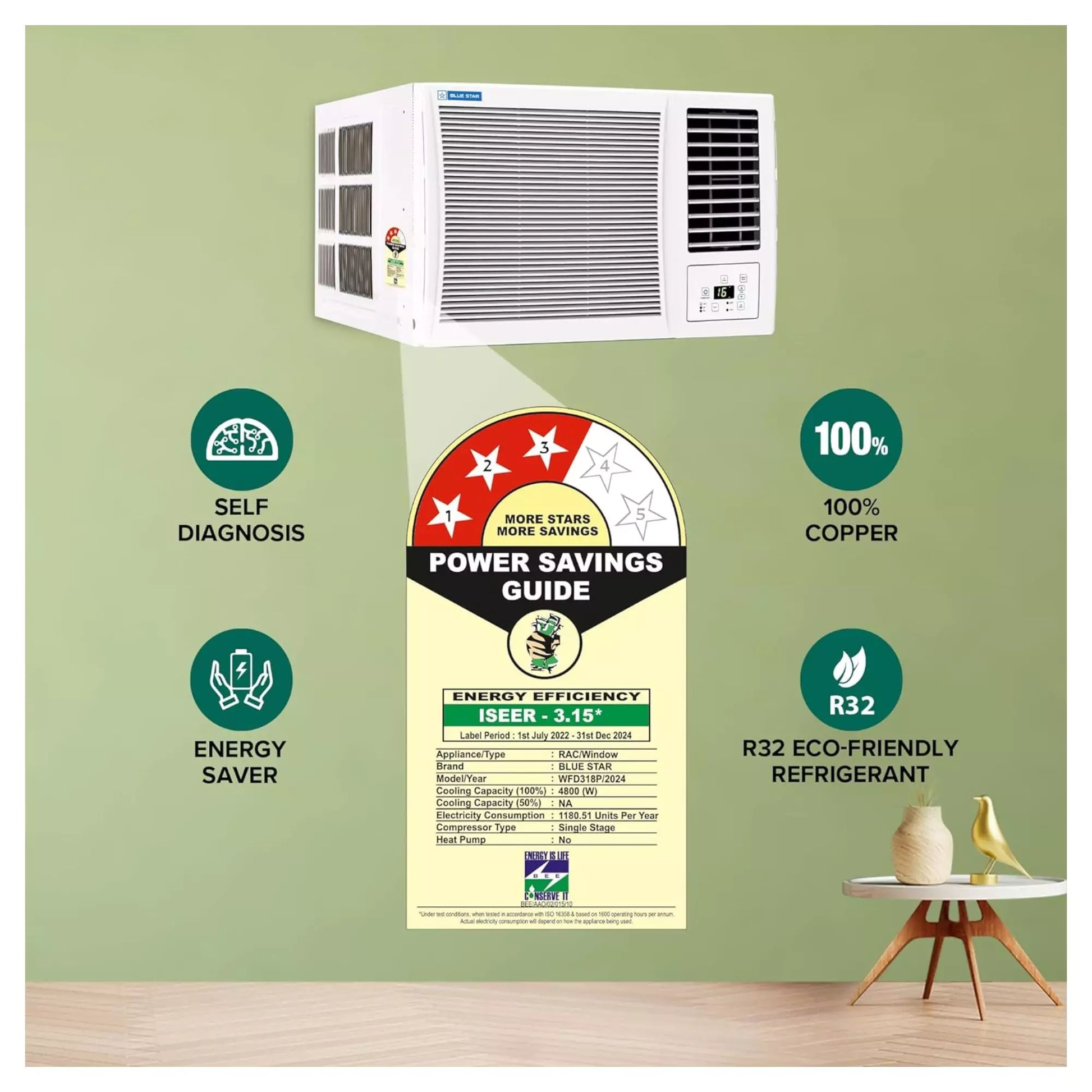 Blue Star 1.5 Ton 3 Star Fixed Speed Window AC with 1.5 Ton Suitable for medium sized rooms