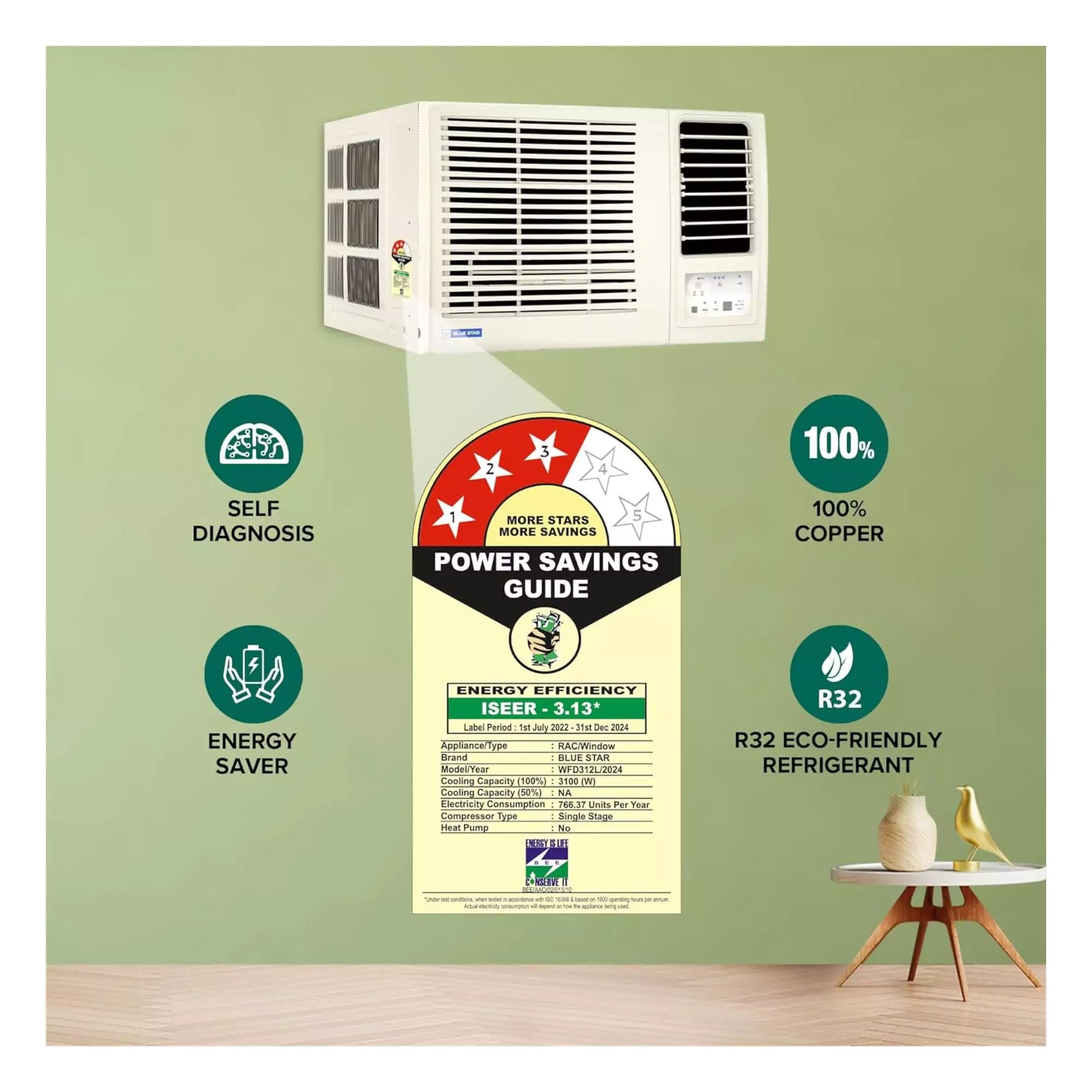 Blue Star 1 Ton 3 Star Fixed Speed Window AC  with energy saver