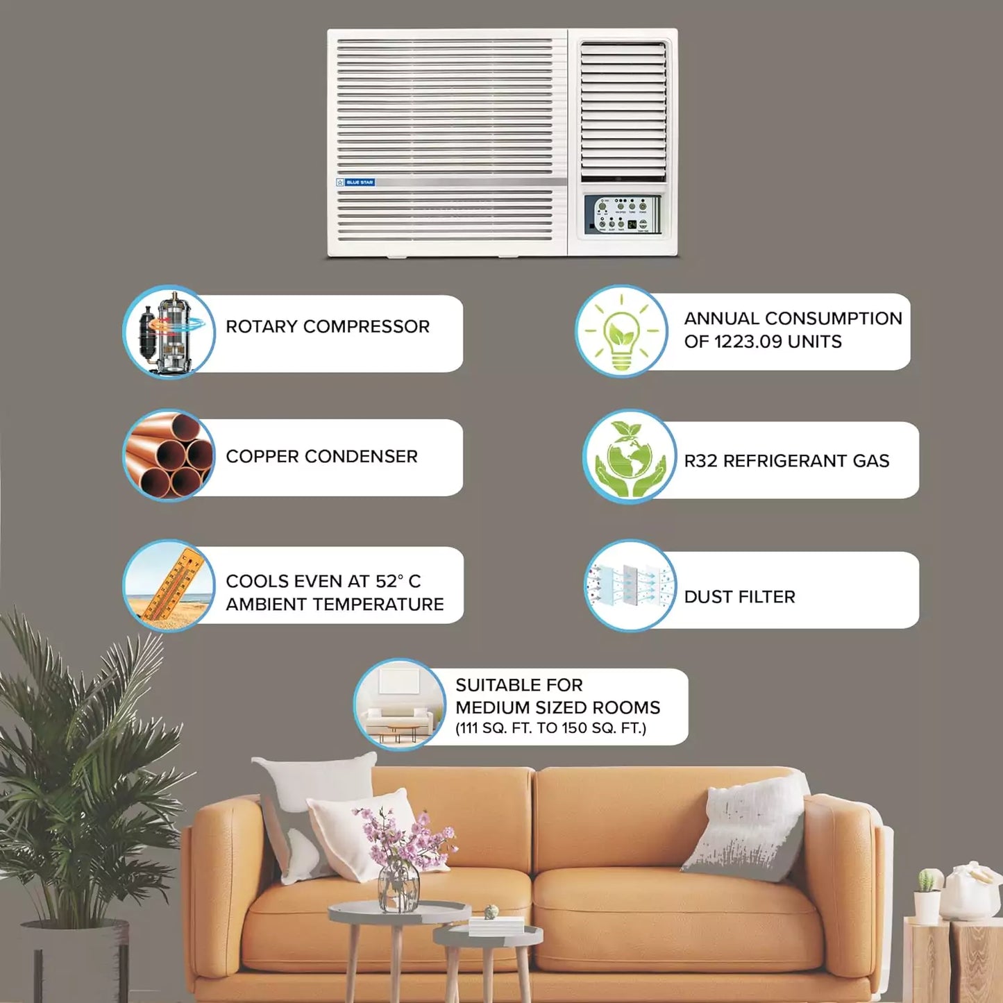 Blue Star 1.5 Ton 3 Star Fixed Speed Window AC (WFE318L, White)