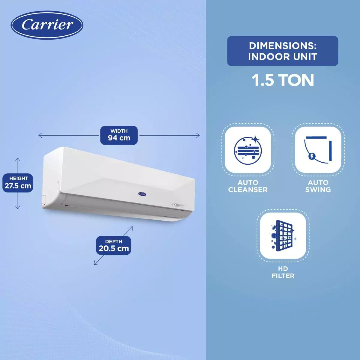 Carrier 1.5 Ton 3 Star Inverter Split AC-Indoor unit dimensions