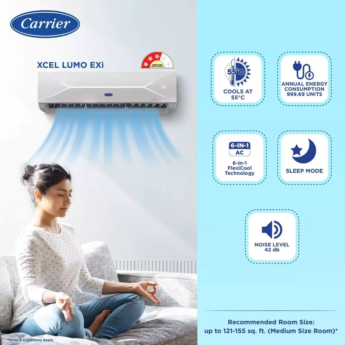 Breathe free and breathe fresh with Carrier 1.5 Ton 3 Star Inverter Split AC (Xcel Lumo Exi,White)