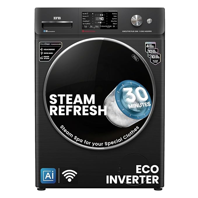 IFB 11 Kg 5 Star, DeepClean®, AI Powered, WiFi, Fully Automatic Front Load Washing Machine (EXECUTIVE PLUS BXN 1114KH, PowerSteam®, 9 Swirl, Steam Refresh, Inbuilt Heater, Eco Inverter, Black VCM)