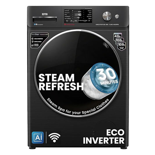 IFB 11 Kg 5 Star, DeepClean®, AI Powered, WiFi, Fully Automatic Front Load Washing Machine (EXECUTIVE PLUS BXN 1114KH, PowerSteam®, 9 Swirl, Steam Refresh, Inbuilt Heater, Eco Inverter, Black VCM)