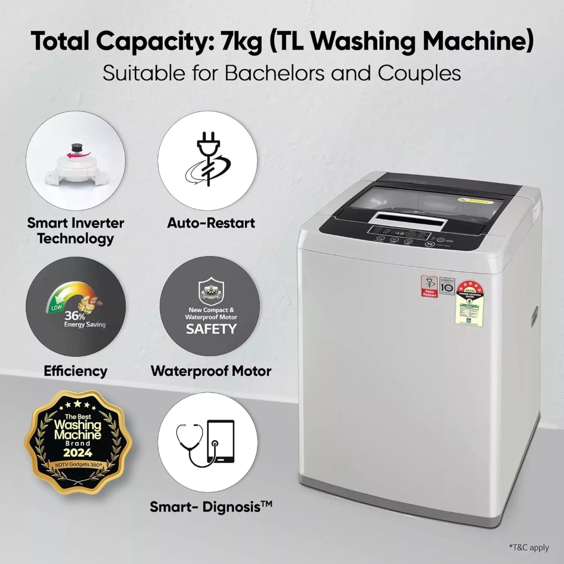 LG 7 Kg 5 Star Fully Automatic Top Loading Washing Machine with waterproof motor 