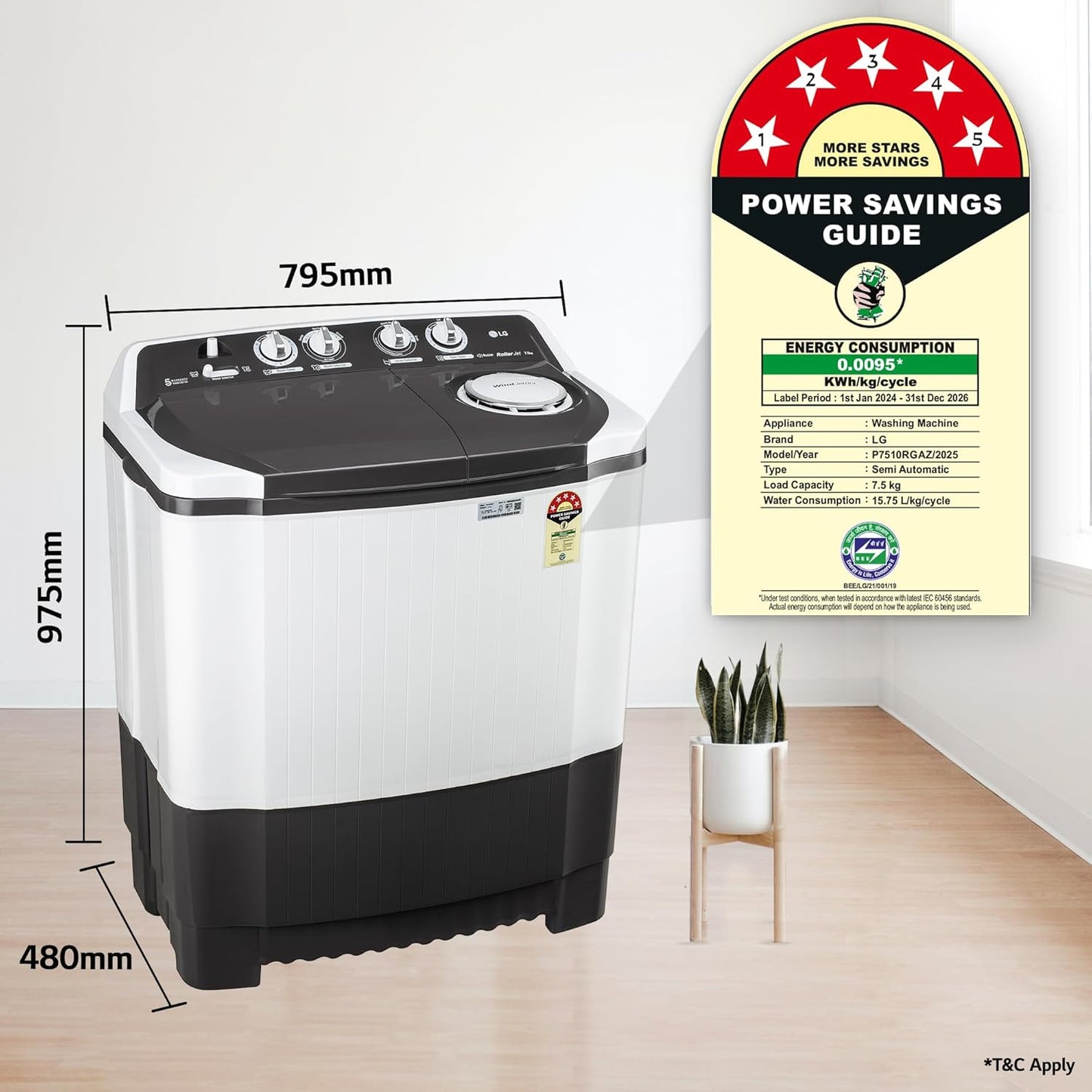 LG 7.5Kg Semi Automatic Top Load Washing Machine, Roller Jet Pulsator, Dark Grey