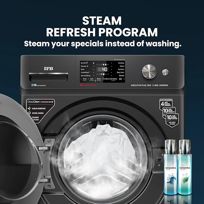 IFB 11 Kg 5 Star, DeepClean®, AI Powered, WiFi, Fully Automatic Front Load Washing Machine (EXECUTIVE PLUS BXN 1114KH, PowerSteam®, 9 Swirl, Steam Refresh, Inbuilt Heater, Eco Inverter, Black VCM)