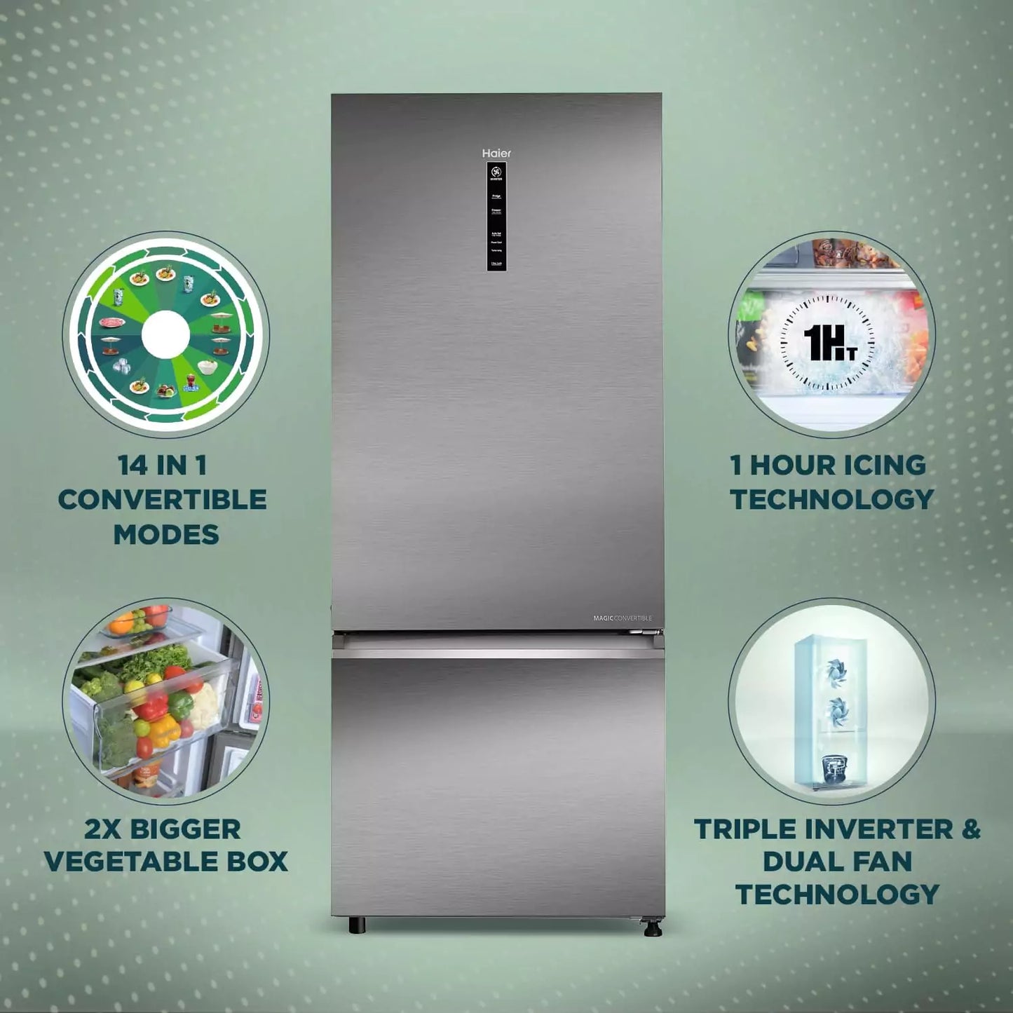 Haier 445 L, 2 Star, Triple Inverter Double Door Refrigerator with 1 hour icing technology 