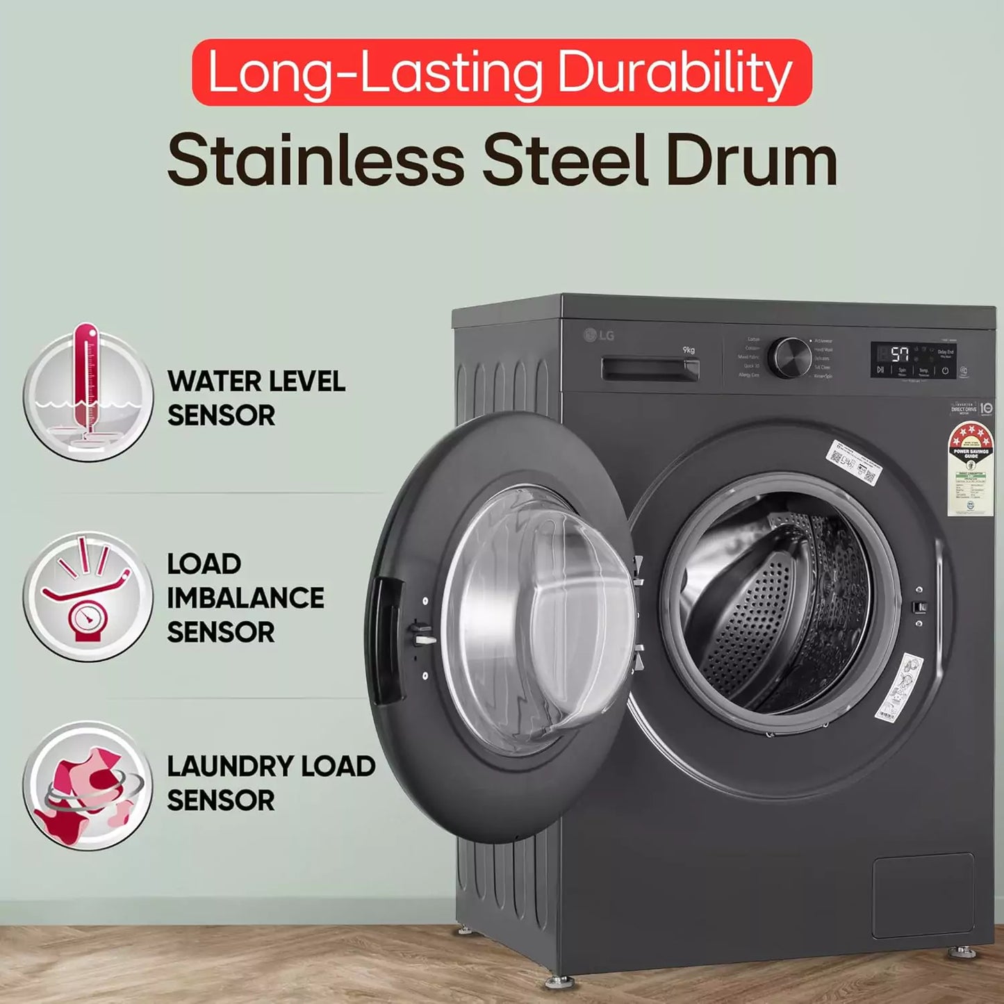 LG 9 Kg, 5 Star Fully-Automatic Front Load With Stainless Steel Drum 