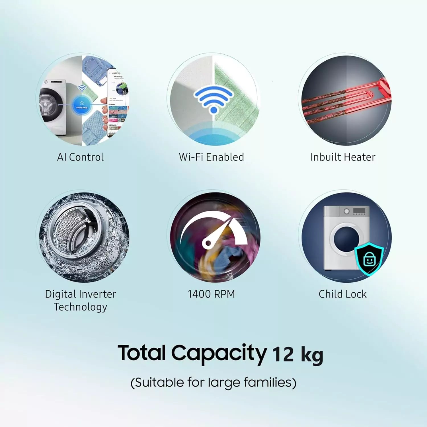 Samsung WW12DG6B24AB 12.0 kg Front Load Washing Machine with AI & SuperSpeed 10 Samsung 12.0 kg Front Load Washing Machine with wi-fi