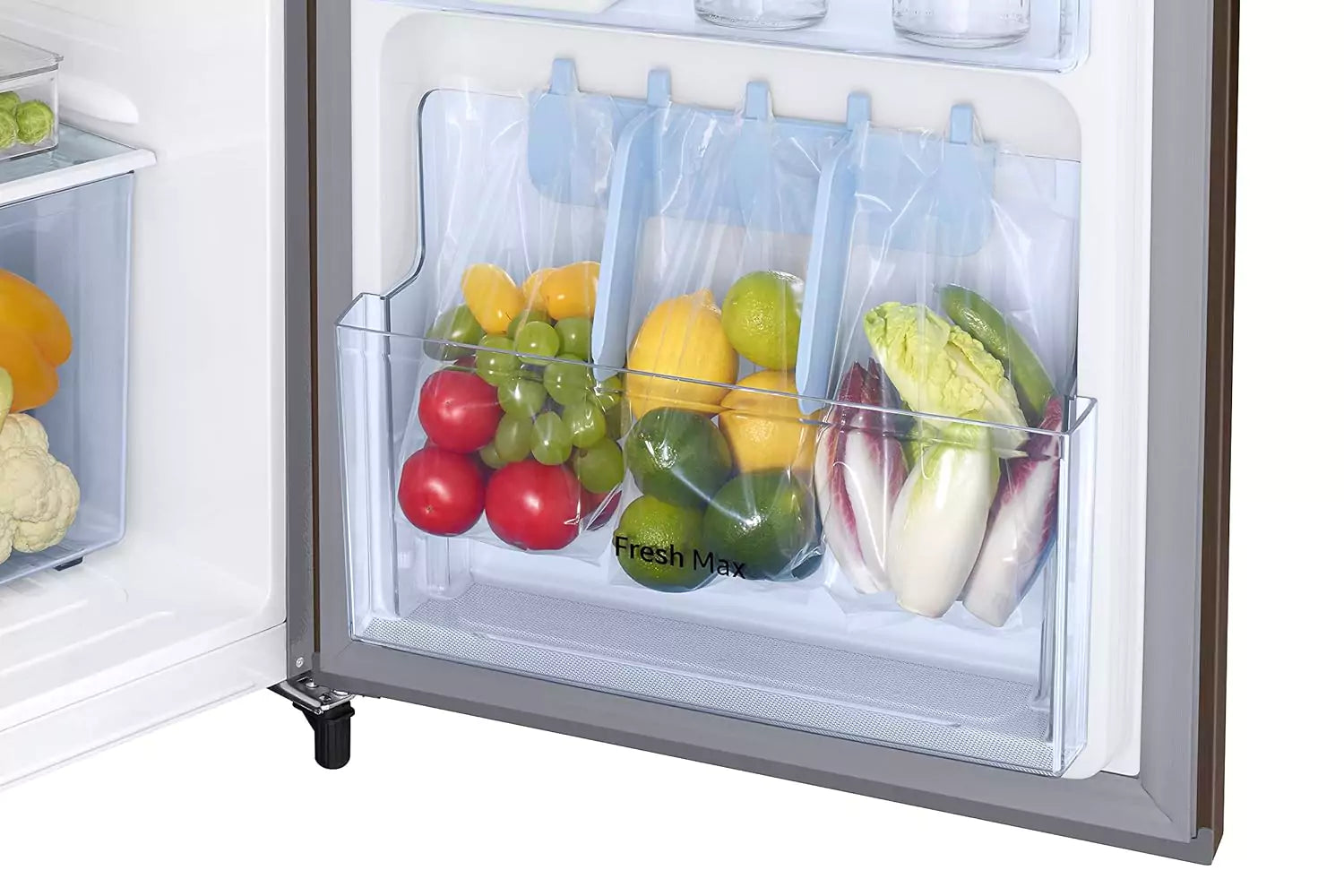 Samsung 246L 3 Star Single Door Refrigerator with lot of fresh vegetables and fruit