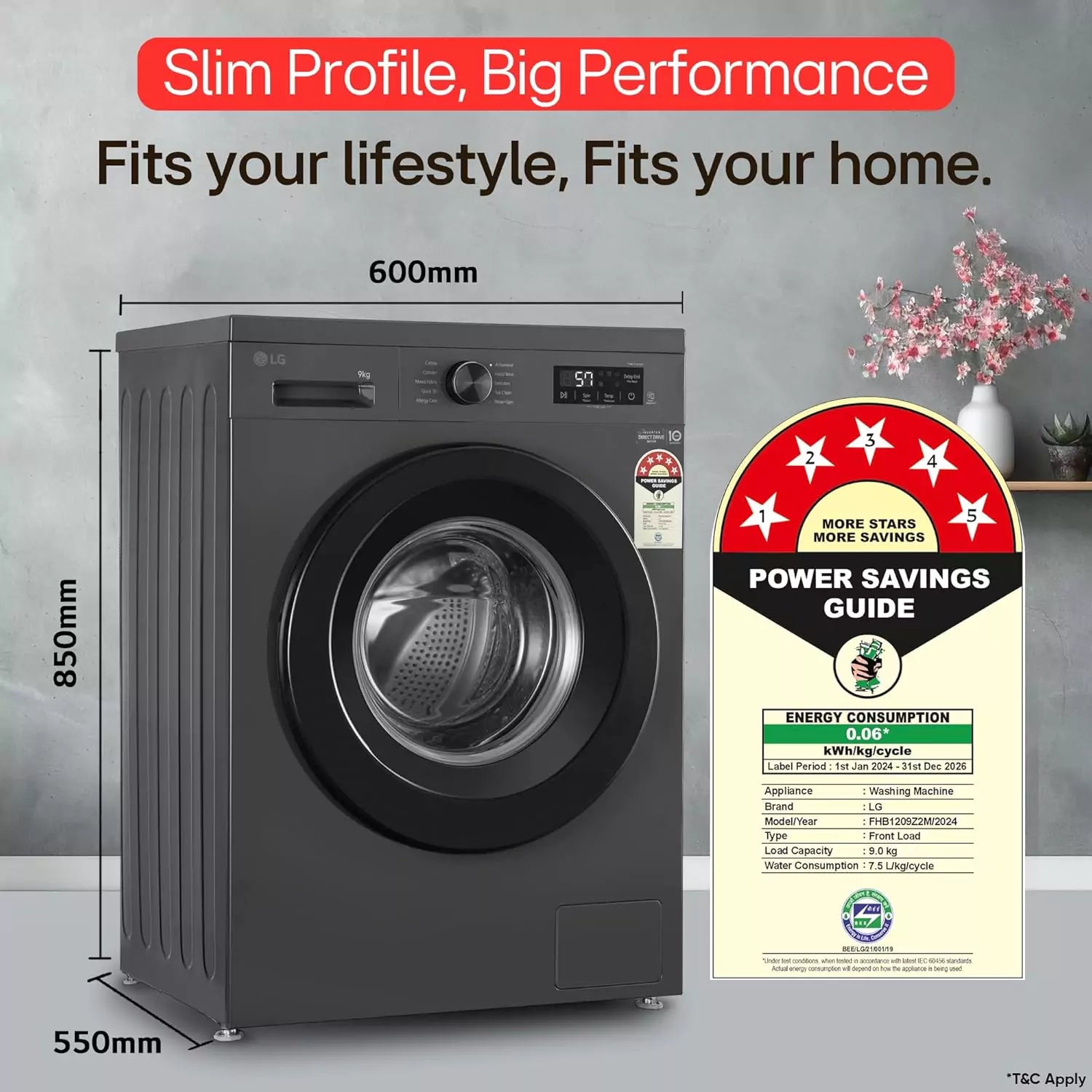 LG 9 Kg, 5 Star Fully-Automatic Front Load With Slim Profile , Big Performance