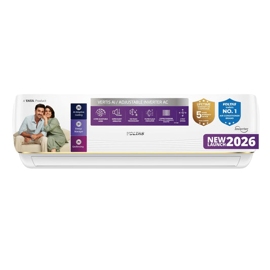 Voltas 1.5 ton 3 Star, New star rated, Inverter Split AC (Copper, Convertible 6-in-1 cooling modes, Ai Enabled, 4-way Swing, Sleep Mode, Auto Clean (183INV VERTIS AI ZEST GOLD, White)