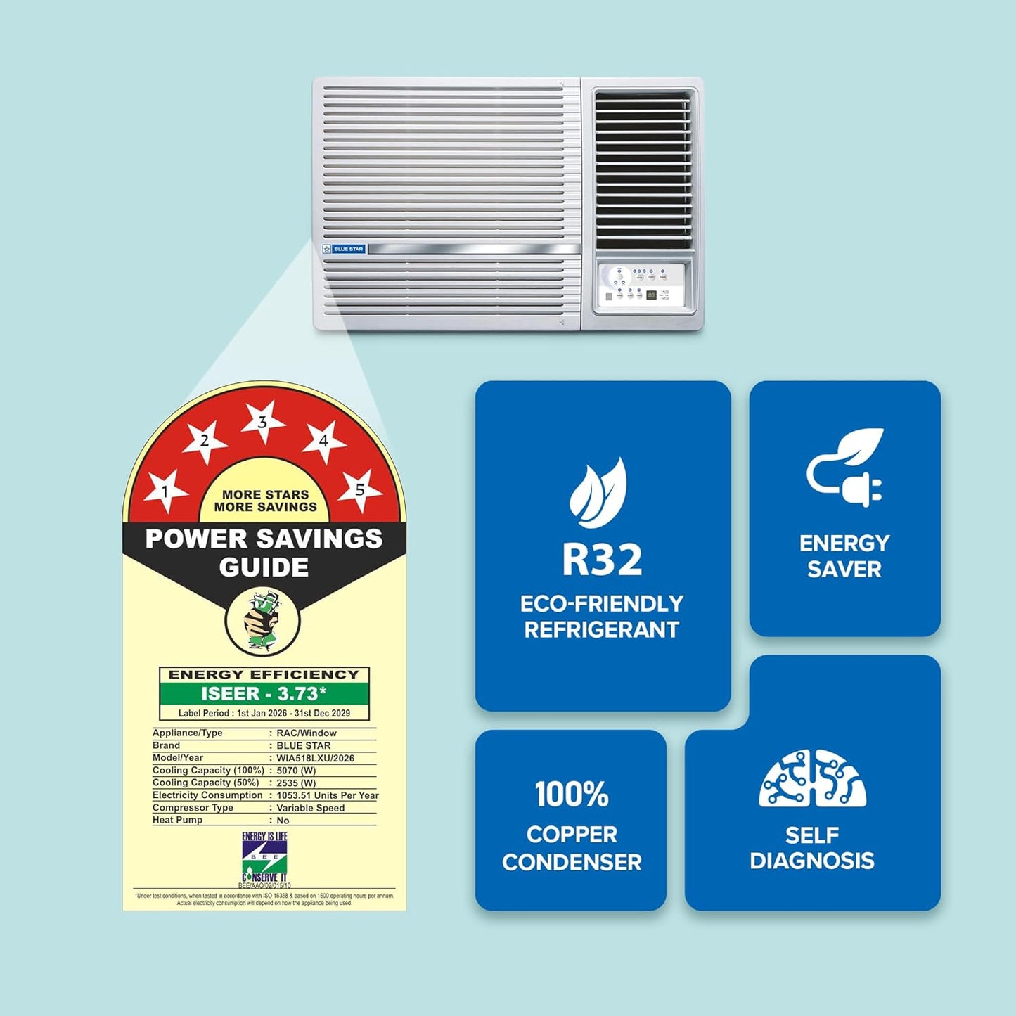 Blue Star WIA518LXU highly efficient 1.5 Ton 5-Star Inverter Window Air Conditioner.