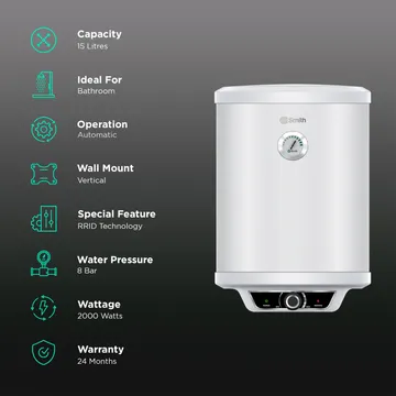 AO Smith Elegance Prime 15 Litre 5 Star Vertical Storage Geyser with Innovative RRID Technology (White Silver)