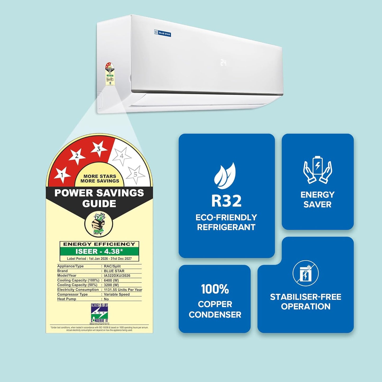 Blue Star 2 Ton 3 Star, New Star Rated, Smart Inverter Split AC (Copper,4-Way Swing, DigiQ Hepta Sensor, Blue Fins,Turbo Cool, Self Clean Technology (IA322DXU, White)