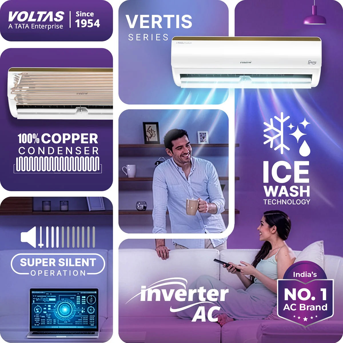 Voltas Split Air Conditioner, 1 Ton, 3 Star - 123INV Vertis Elite Gold