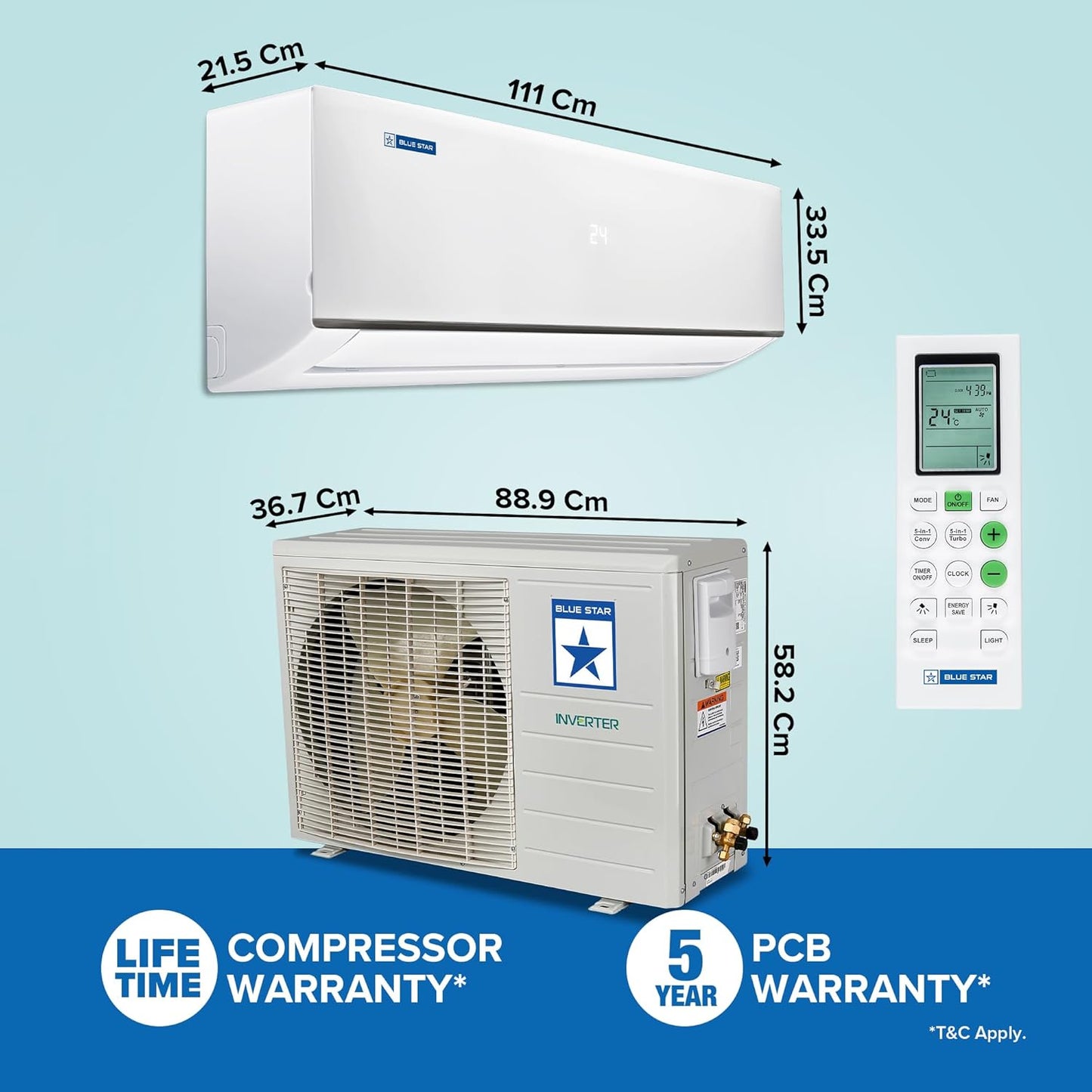 Blue Star 2 Ton 3 Star, New Star Rated, Smart Inverter Split AC (Copper,4-Way Swing, DigiQ Hepta Sensor, Blue Fins,Turbo Cool, Self Clean Technology (IA322DXU, White)