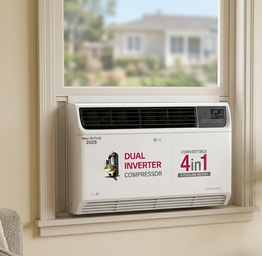 LG 1.5 Ton 3 Star DUAL Inverter Window AC (Copper, Convertible 4-in-1 cooling, 4 Way Air Swing, HD Filter, UW-Q18WUXA, White)