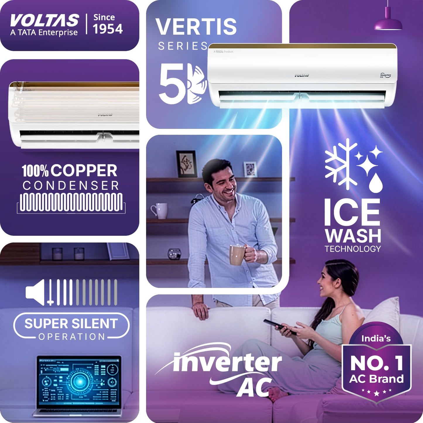 Voltas 185V Vertis Smart Elite Gold 1.5 ton 5 star inverter Split AC|5-IN-1 Adjustable mode|Energy Efficient|Wifi Enabled|High ambient Cooling-cools even at 52°C|Anti dust filter|Copper Coil|White
