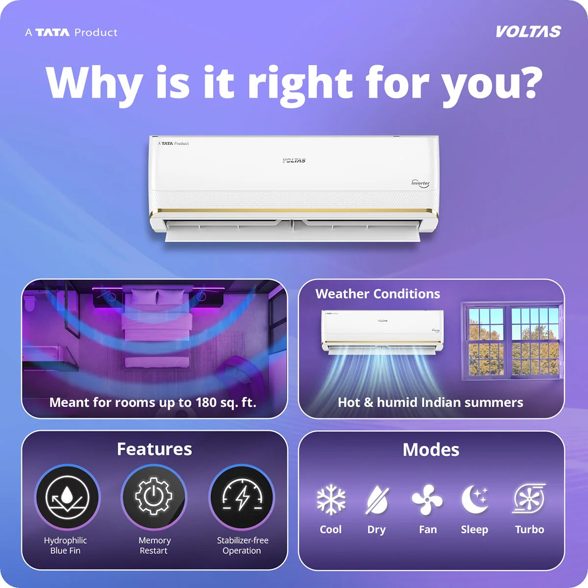 Voltas 1.5 ton 3 Star, New star rated, Inverter Split AC (Copper, Convertible 6-in-1 cooling modes, Ai Enabled, 4-way Swing, Sleep Mode, Auto Clean (183INV VERTIS AI ZEST GOLD, White)