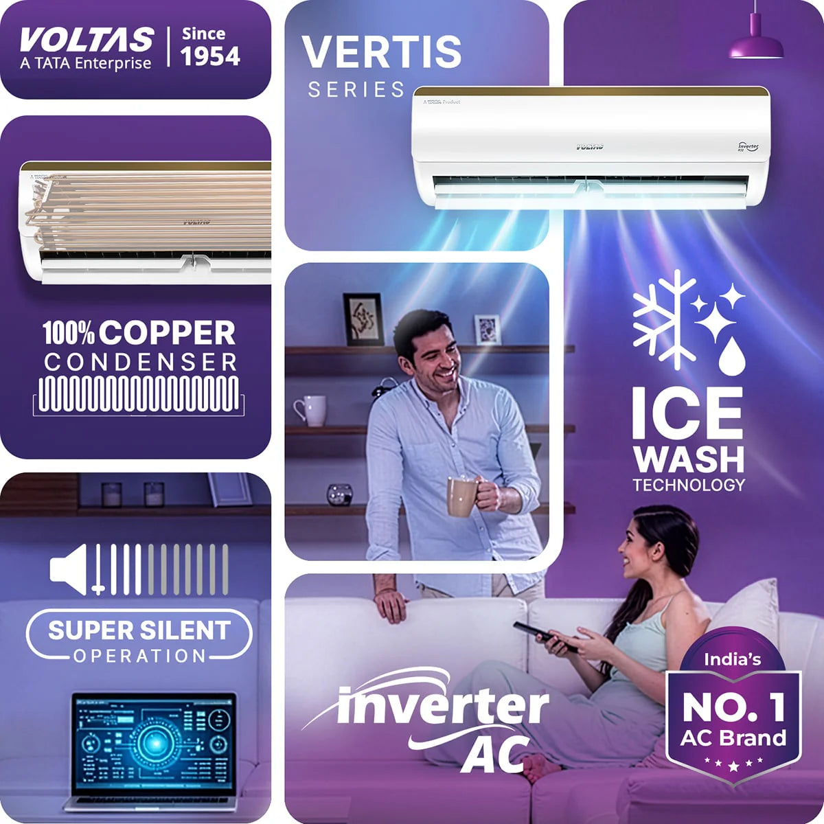 Voltas Split Air Conditioner, 1.5 Ton, 5 Star - 185INV Vertis Elite Gold