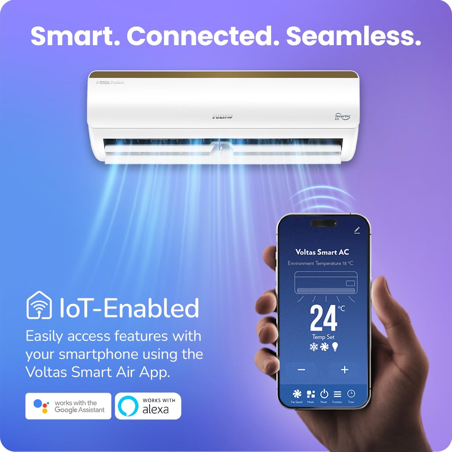 Voltas 185V Vertis Smart Elite Gold 1.5 ton 5 star inverter Split AC|5-IN-1 Adjustable mode|Energy Efficient|Wifi Enabled|High ambient Cooling-cools even at 52°C|Anti dust filter|Copper Coil|White