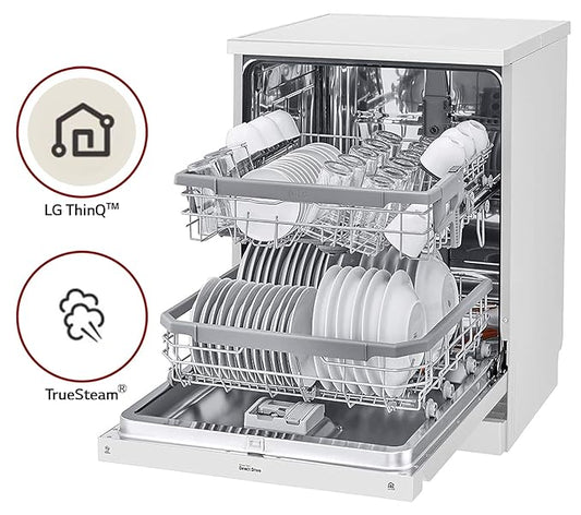 LG 14 Place Settings Inverter Direct Drive Wi-Fi Free Standing Dishwasher (DFB424FW, White, Sparkling Dishes - Less water spots, Clean from every angles & Easy loading and maximum flexibility)