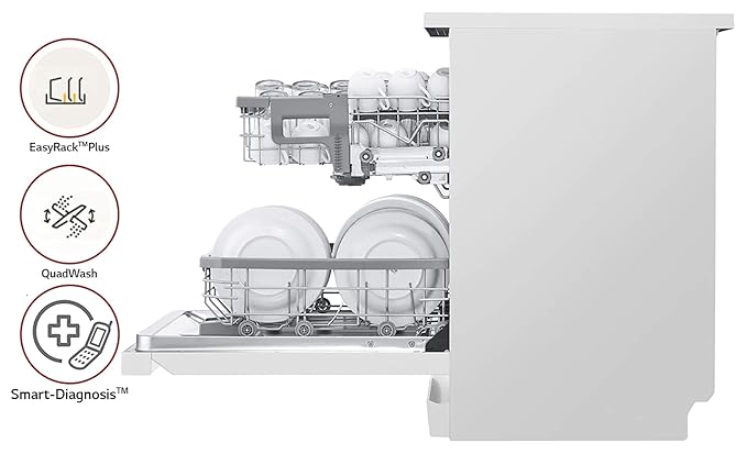 LG 14 Place Settings Inverter Direct Drive Wi-Fi Free Standing Dishwasher (DFB424FW, White, Sparkling Dishes - Less water spots, Clean from every angles & Easy loading and maximum flexibility)