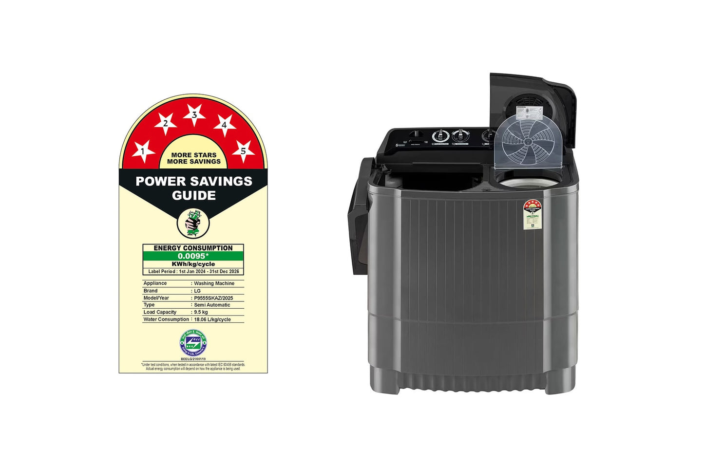 LG 9.5Kg, Semi Automatic Top Load Washing Machine, , Roller Jet Pulsator + Soak, Rat Away, Middle Black