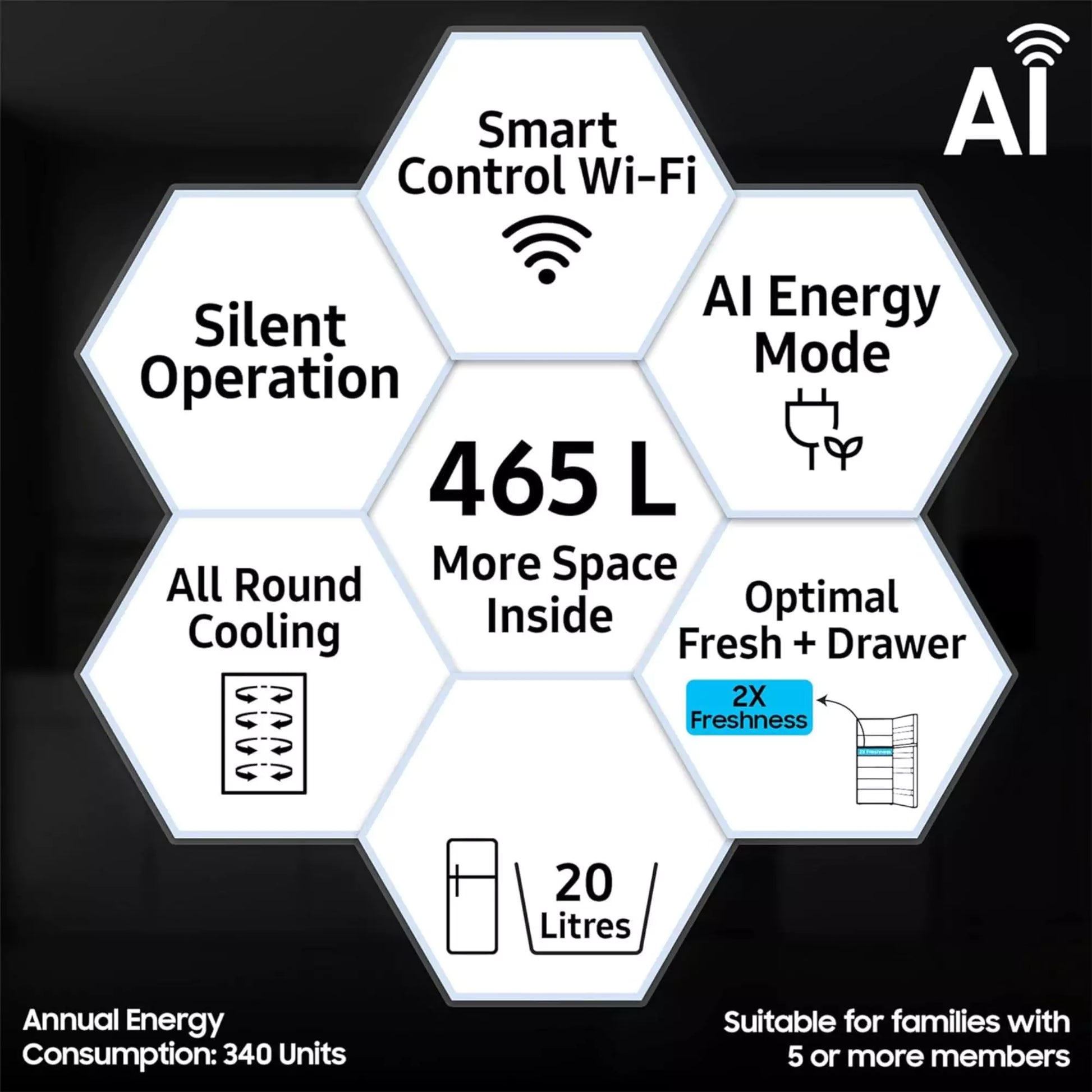 Samsung 465 L, 1 Star Frost Free Double Door Refrigerator with suitable for families with 5 or more members