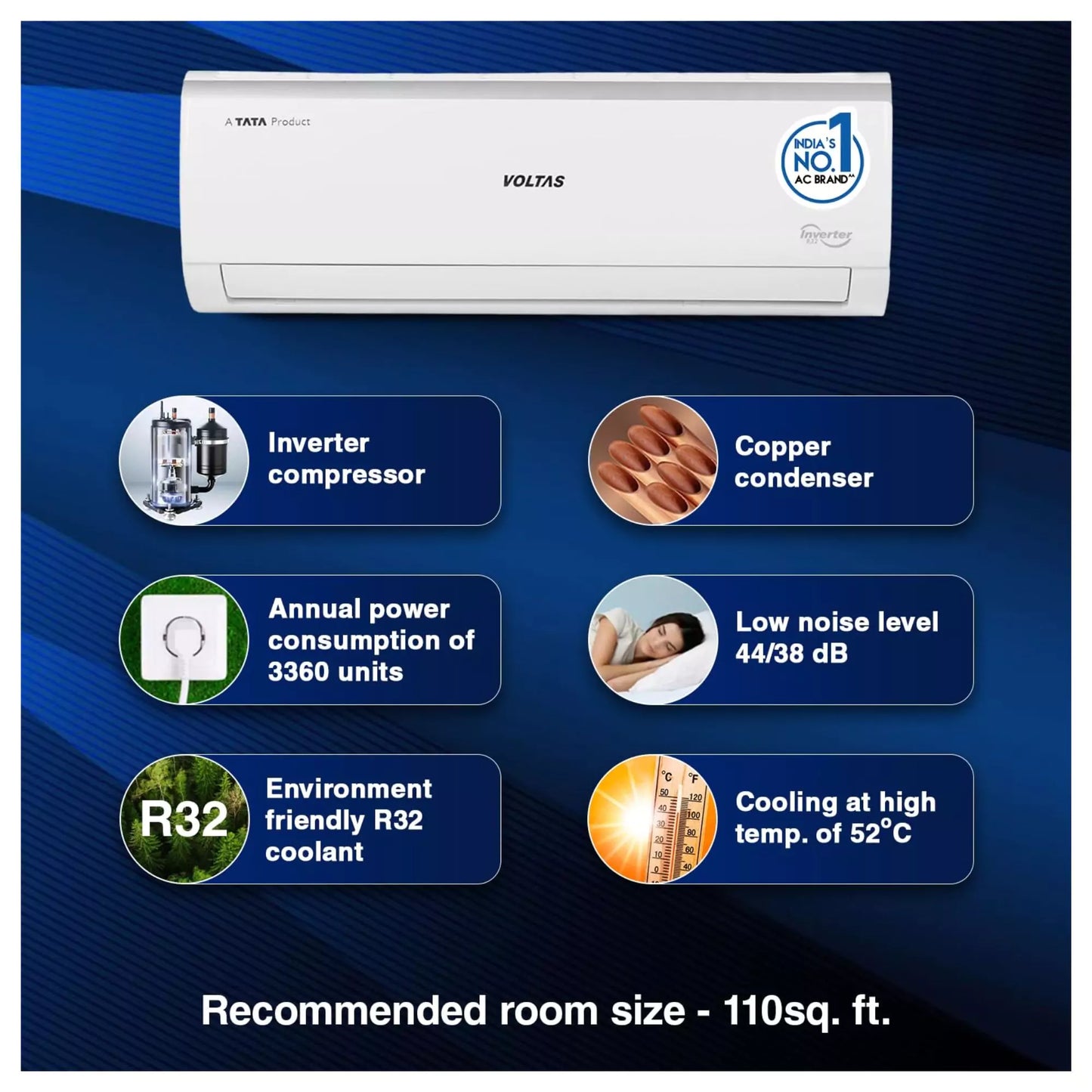 Voltas 1 Ton 3 Star, Inverter Split AC - Copper  condenser optimised performance