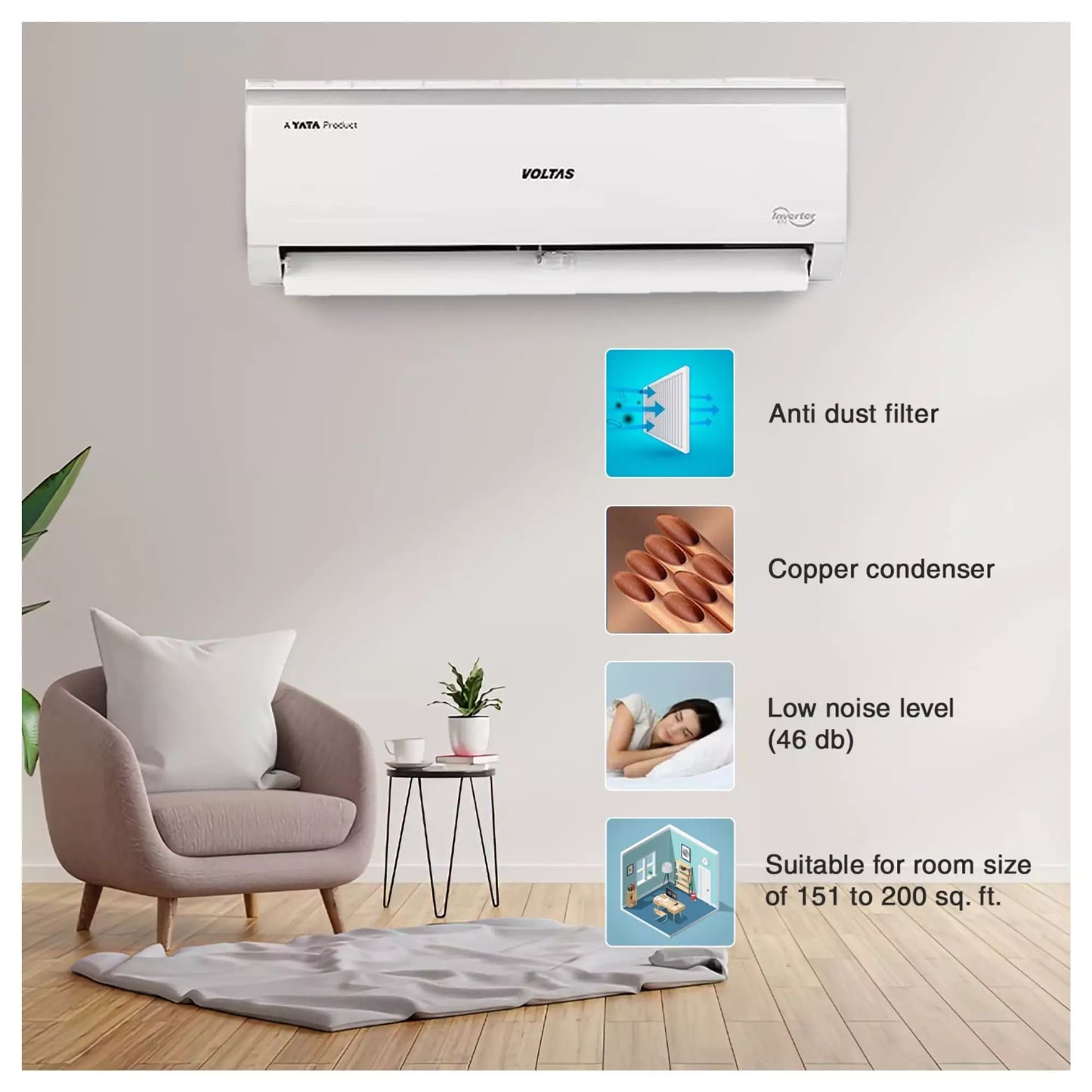 Voltas 2 Ton 3 Star, Inverter Split AC (243V Vectra Elite, White) Media with turbo Cooling