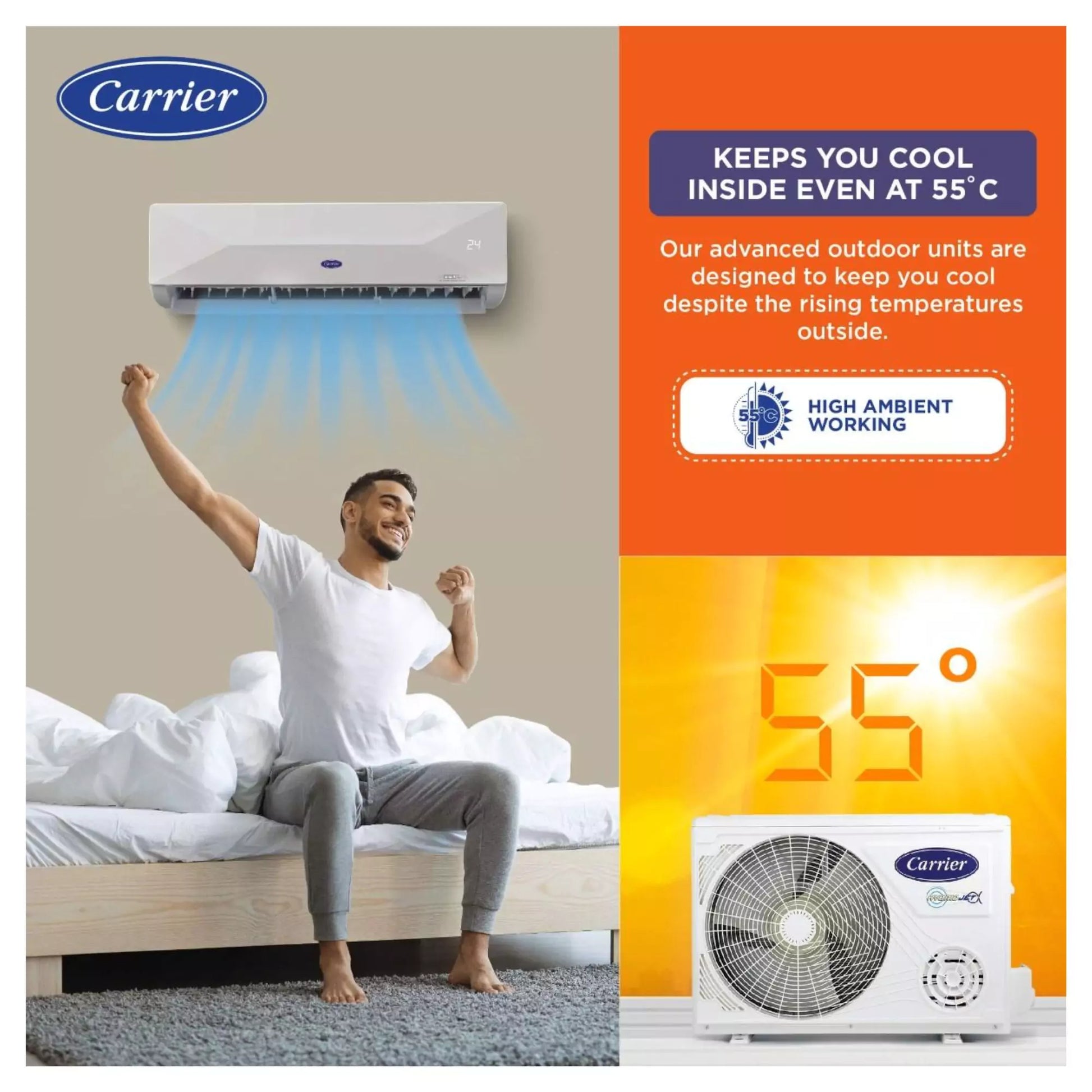 Keeps you cool inside even at 55 celsius with Carrier 1.5 Ton 5 Star Inverter Split Ac