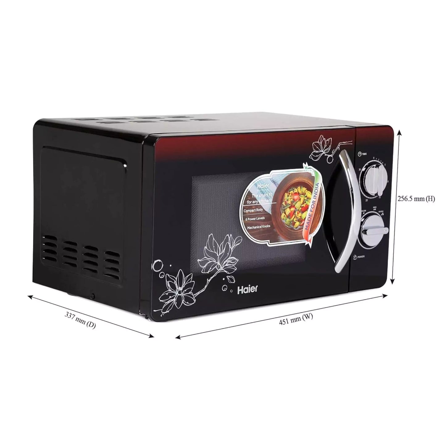 Haier 20 L Solo Microwave Oven with two sleek dials and a four-digit display provide a high-end look