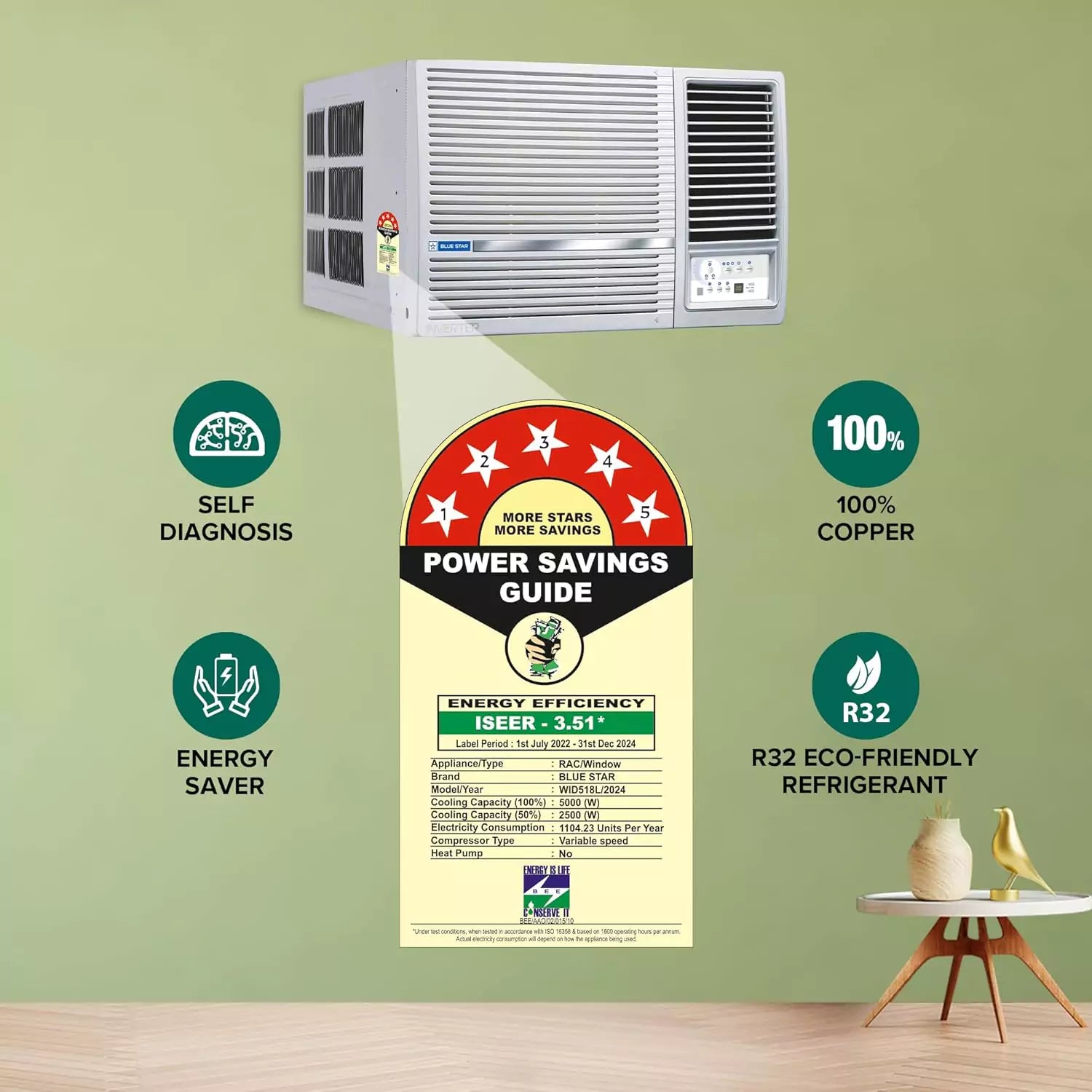 The energy saver mode helps save on your electricity bills, while giving a wonderful cooling experience. with Blue Star 1.5 Ton 5 Star Inverter Window AC